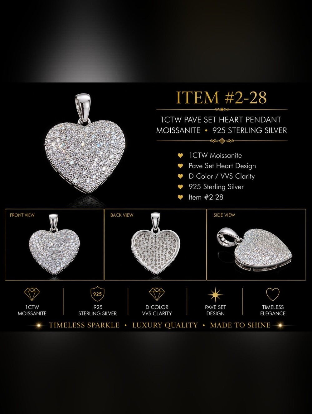 1CTW Pave Heart Moissanite Pendant Necklace 925 Sterling Silver Certified